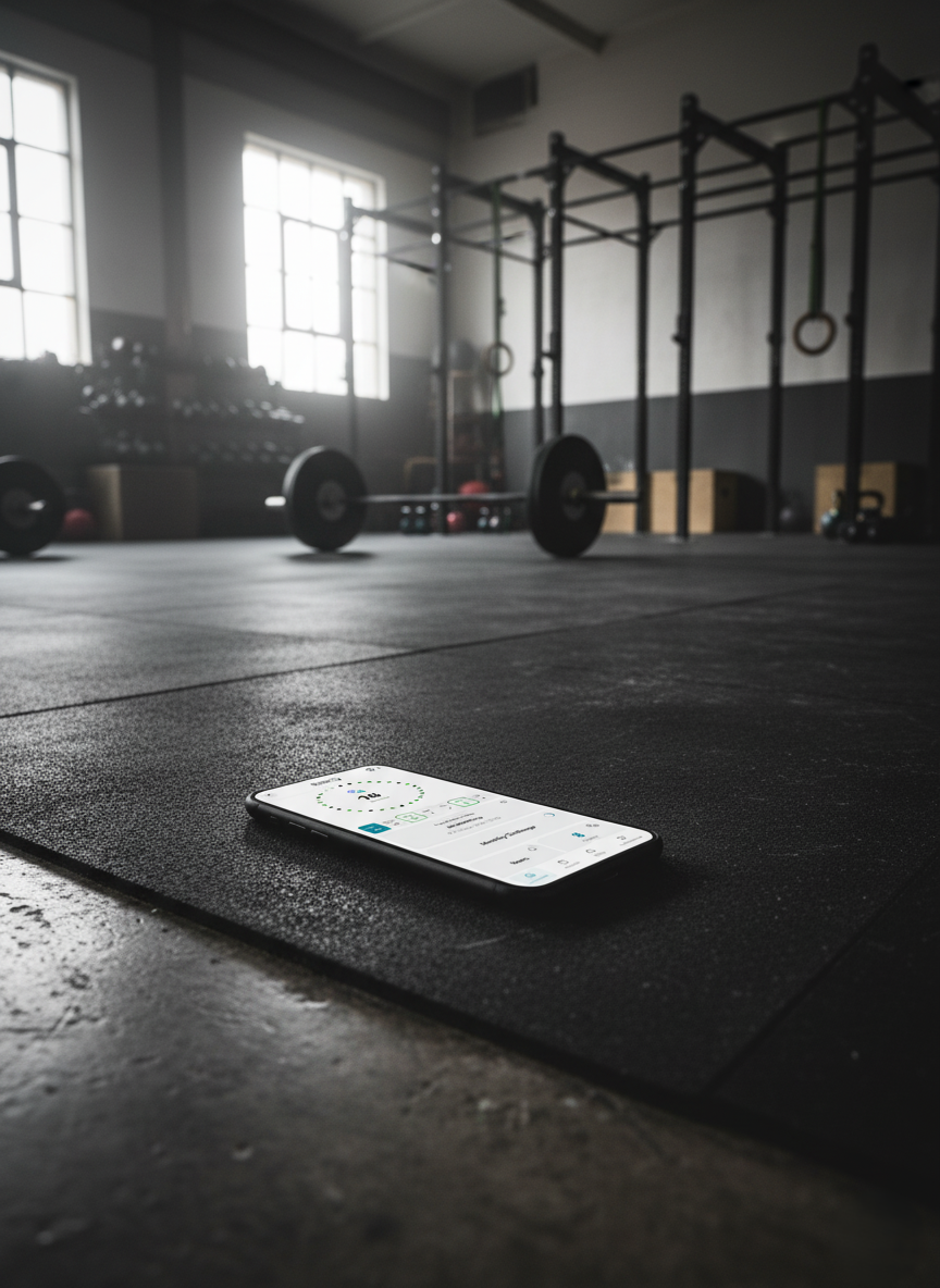 CrossFit gym interior with ShowUp app on phone